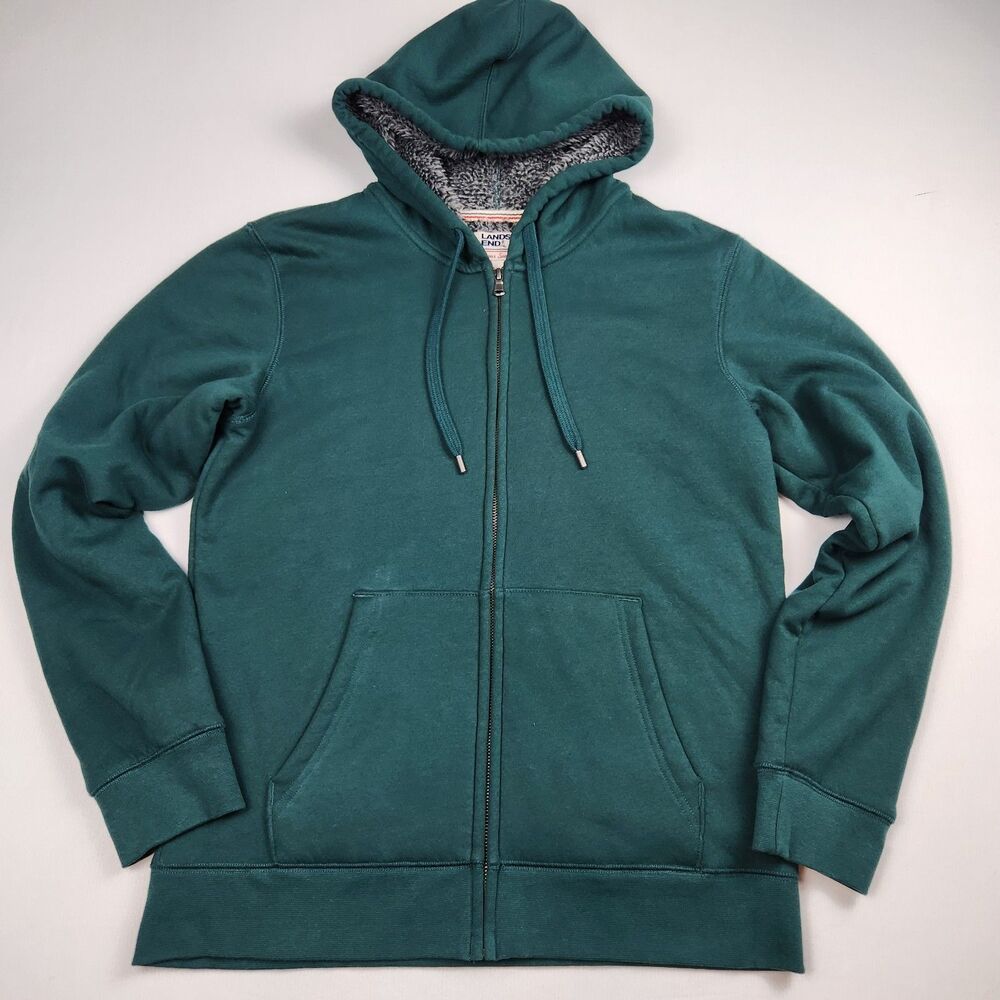 Lands' End Serious Sweats Hoodie Mens S Green/Gray Sherpa Lined Full Zip Cozy